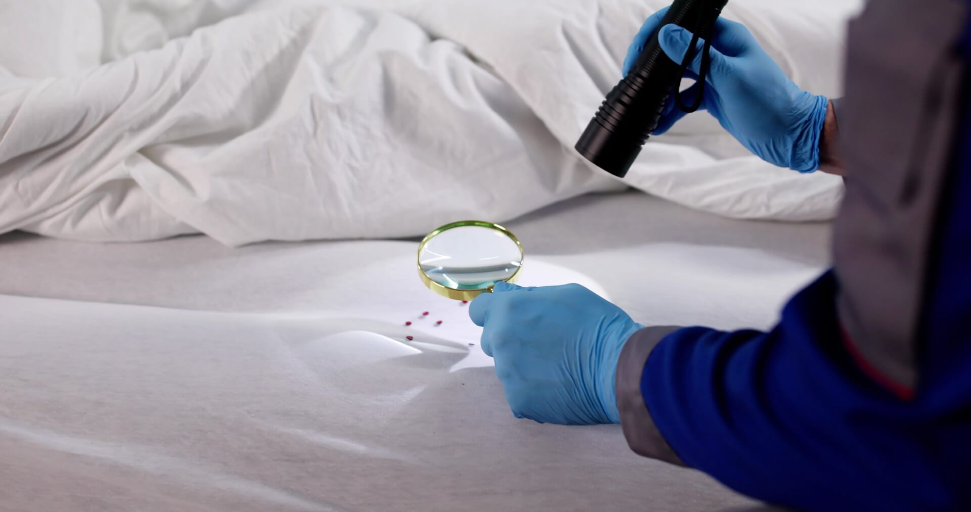 Man Inspecting Hotel Mattress For Bedbug Infestation With Magnifying Glass.